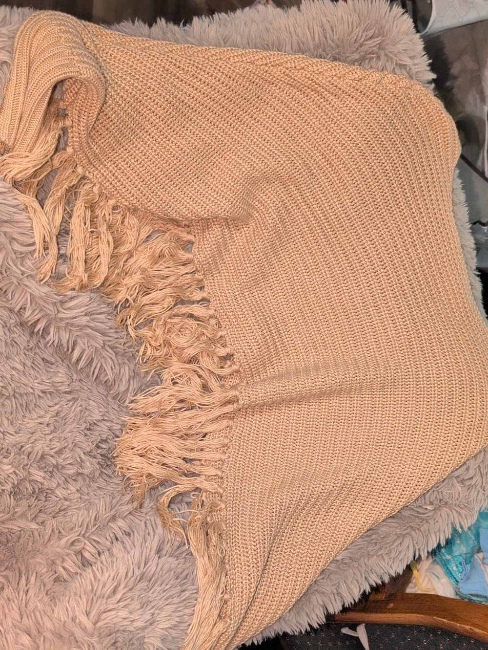 Women's 525 America Neutral Knit Fringe Beige Long Sleeve Sweater OSFM